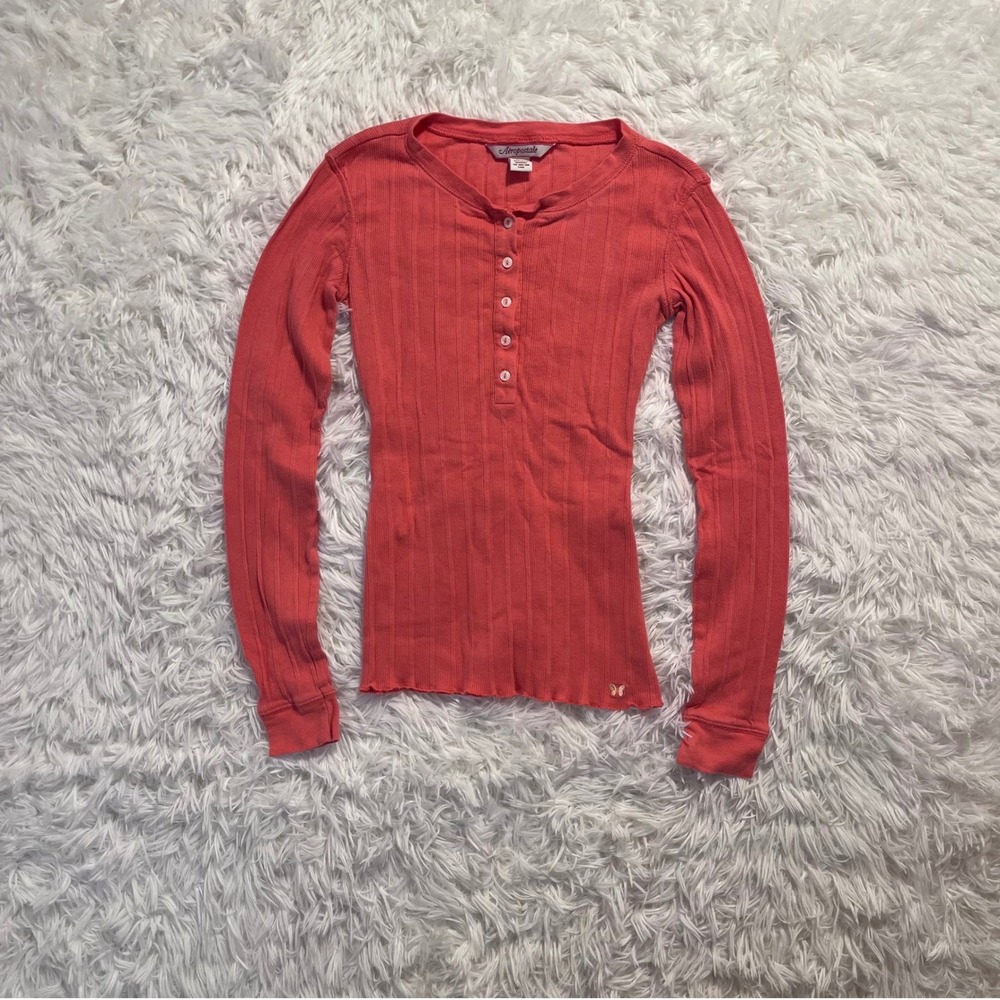 y2k aeropostale coral pink button up long sleeve henley small